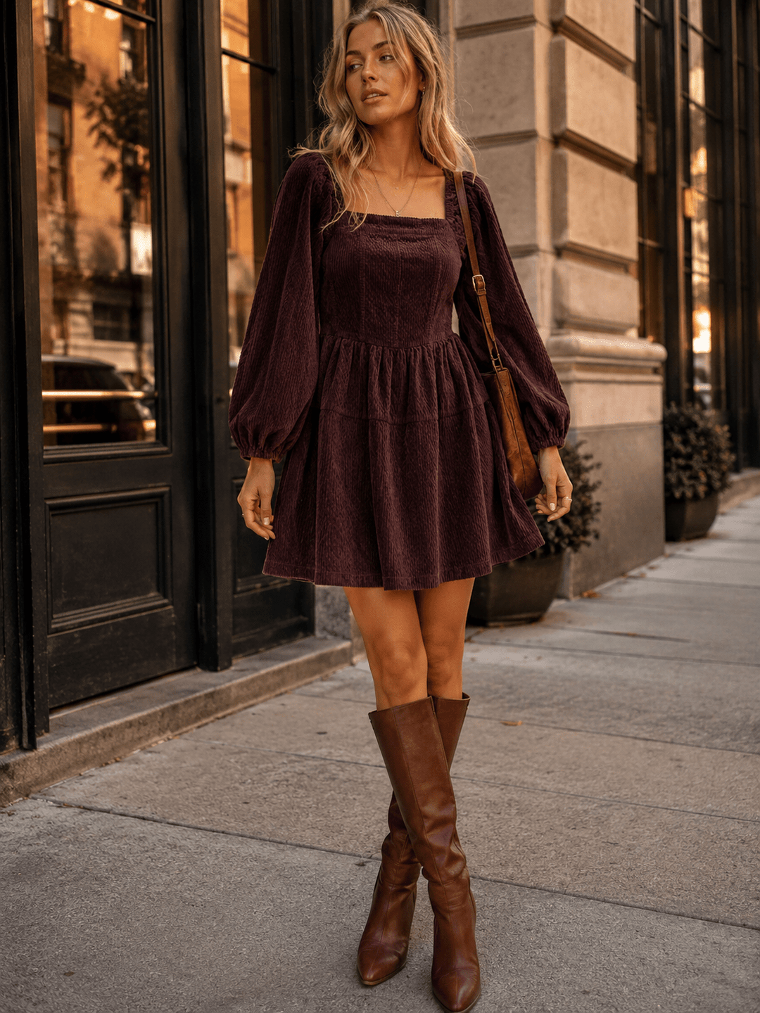 WOMEN'S LONG SLEEVE SQUARE NECK FIT & FLARE CORDUROY MINI DRESS