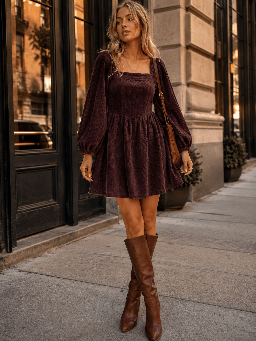 WOMEN'S LONG SLEEVE SQUARE NECK FIT & FLARE CORDUROY MINI DRESS