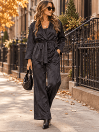 WOMEN'S LONG SLEEVE SELF TIE BLAZER & ELASTIC WAIST WIDE LEG PANTS PRINT 2PC. SET