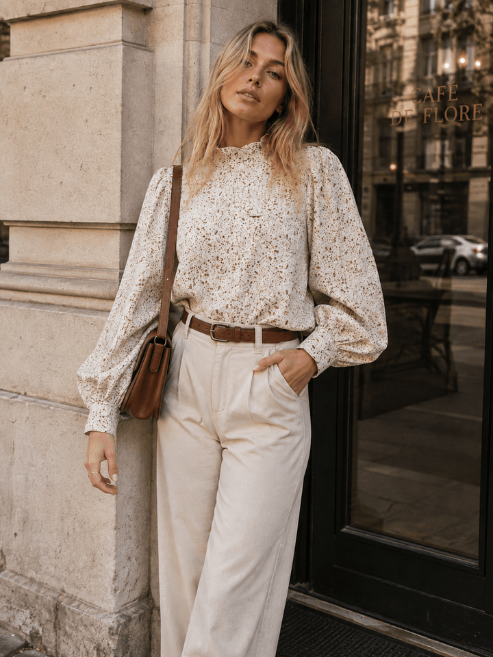 WOMEN'S LONG SLEEVE MOCK NECKBUTTON UP FLORAL BLOUSE
