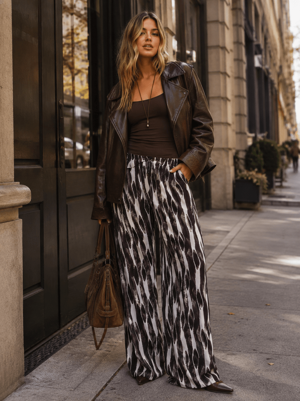 WOMEN'S ELASTIC WAIST FRONT POCKETS WIDE LEG MULTI PRINT PANTS