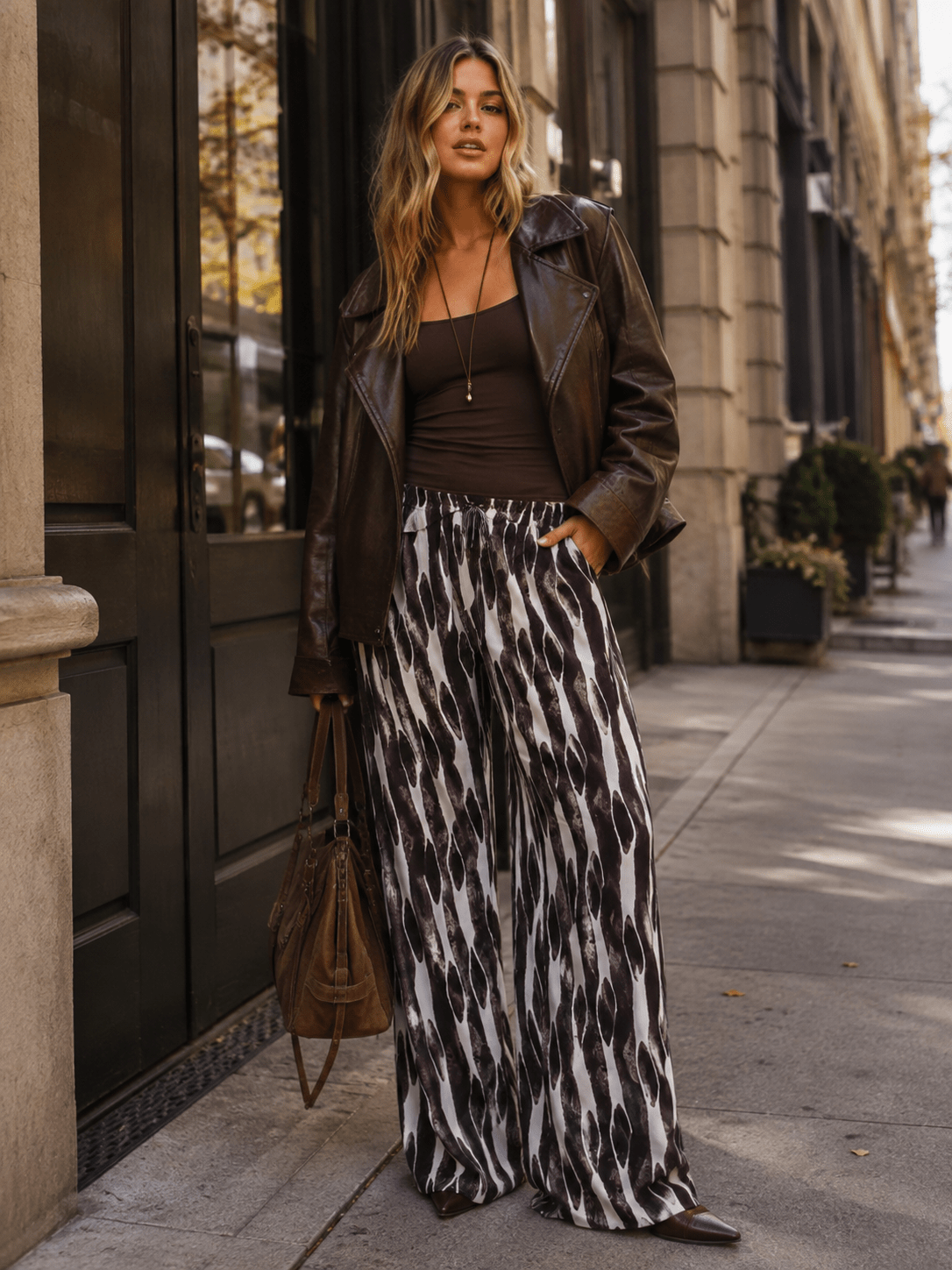 WOMEN'S ELASTIC WAIST FRONT POCKETS WIDE LEG MULTI PRINT PANTS