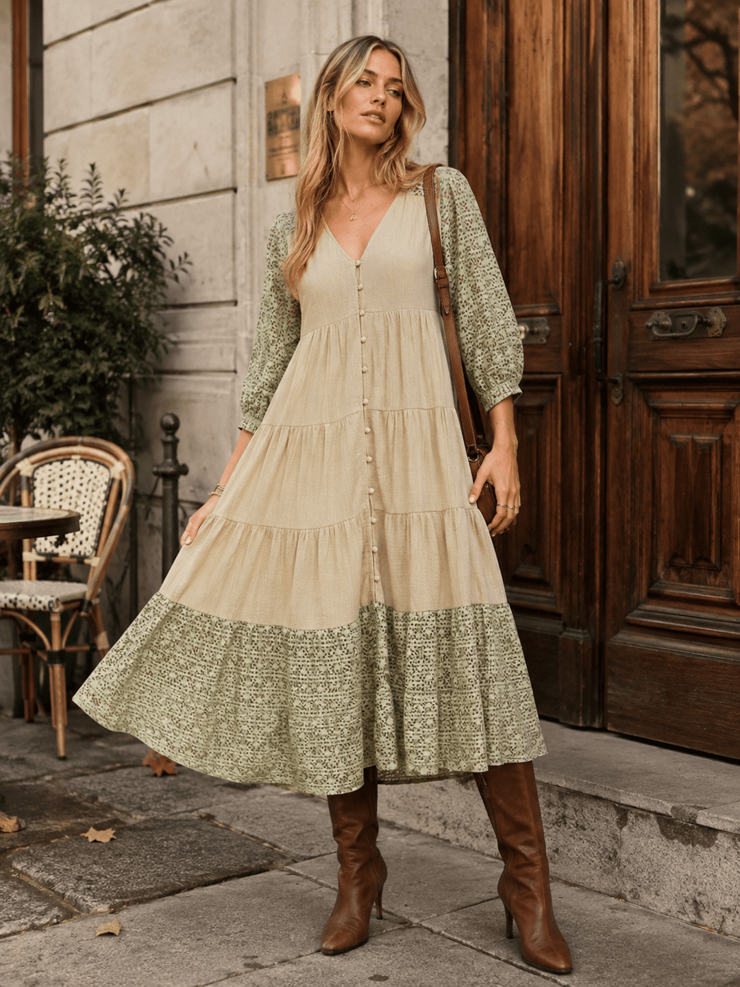 WOMEN'S 3/4 SLEEVE V-NECK BUTTON UP TIERED CROCHET DETAILED MAXI DRESS