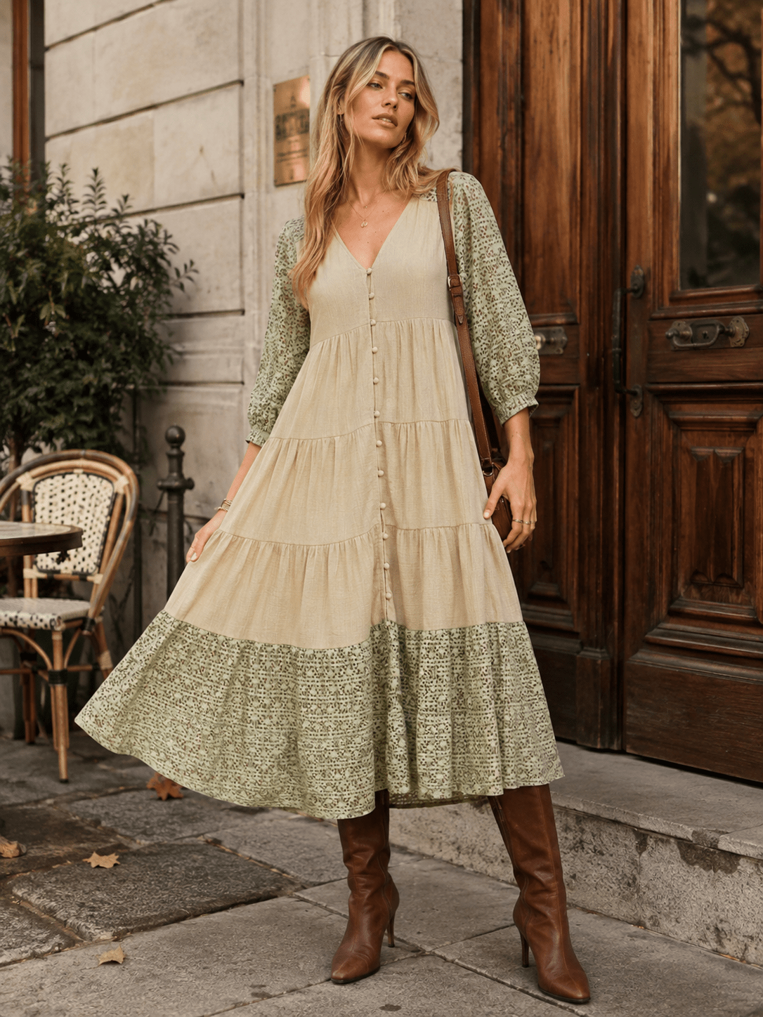 WOMEN'S 3/4 SLEEVE V-NECK BUTTON UP TIERED CROCHET DETAILED MAXI DRESS