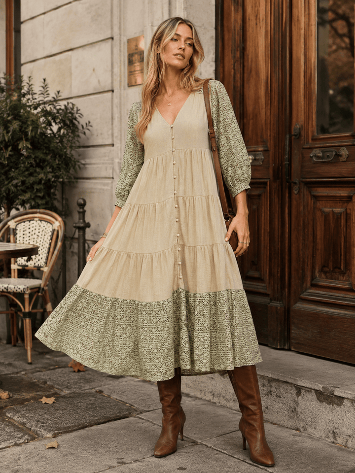 WOMEN'S 3/4 SLEEVE V-NECK BUTTON UP TIERED CROCHET DETAILED MAXI DRESS