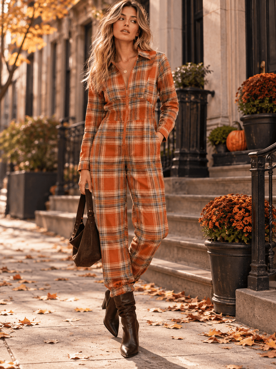 WOMEN'S LONG SLEEVE ZIP UP POCKETS ELASTIC WAIST SKINNY LEG PLAID JUMPSUIT