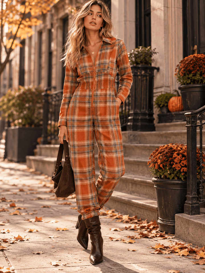 WOMEN'S LONG SLEEVE ZIP UP POCKETS ELASTIC WAIST SKINNY LEG PLAID JUMPSUIT