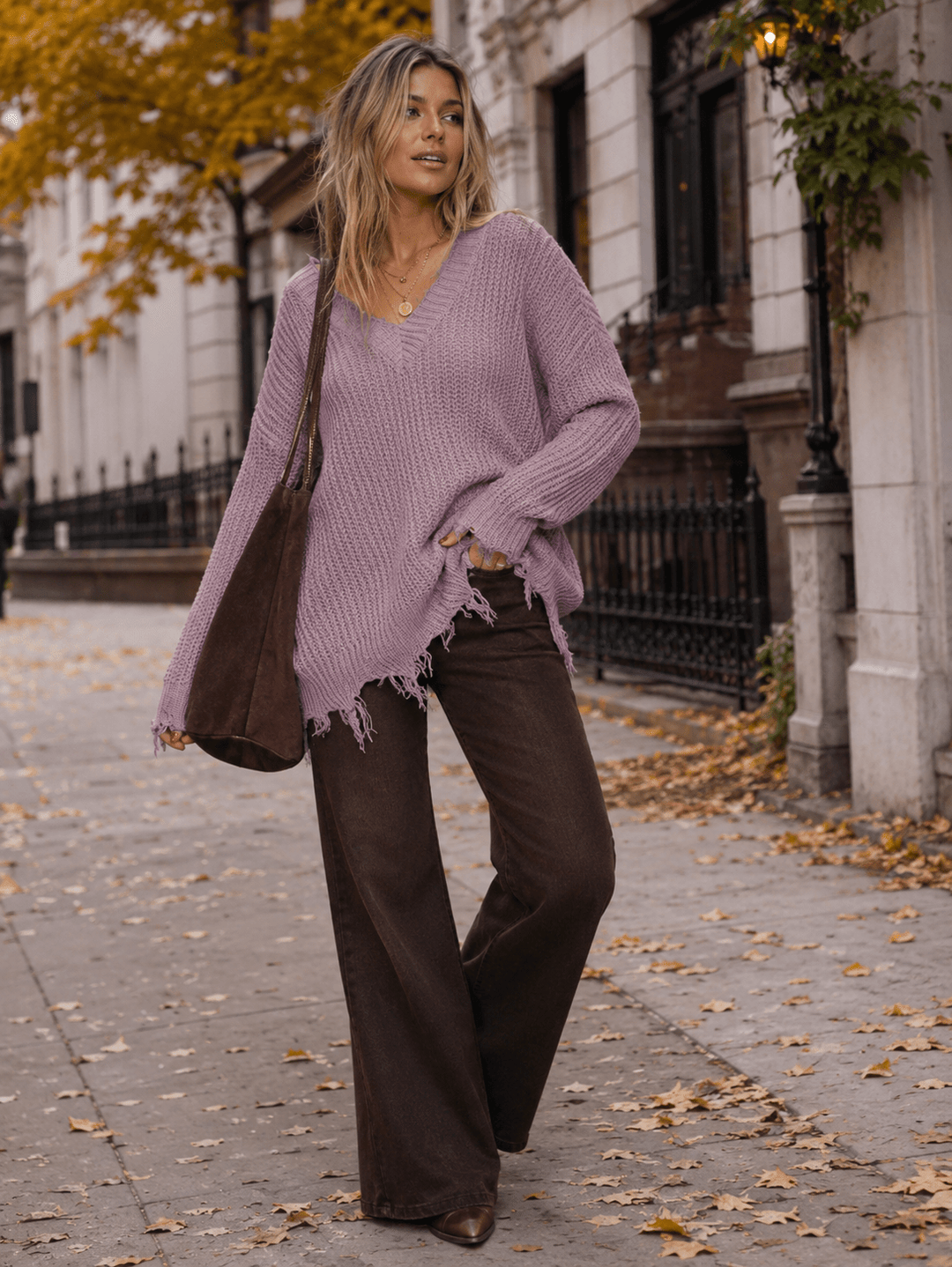 WOMEN'S LONG SLEEVE V-NECK DISTRESS PULLOVER KNIT SWEATERS