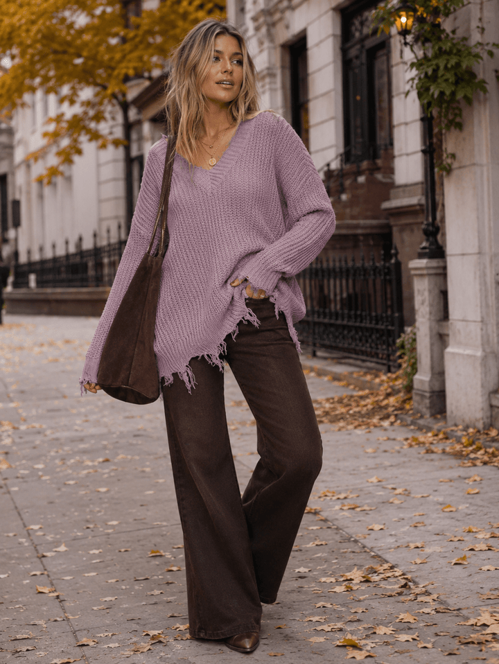 WOMEN'S LONG SLEEVE V-NECK DISTRESS PULLOVER KNIT SWEATERS