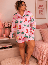 PLUS SIZE LONG SLEEVE BLOUSE & ELASTIC WAIST POCKETS MINI SHORT MULTI PRINT 2PC. SET
