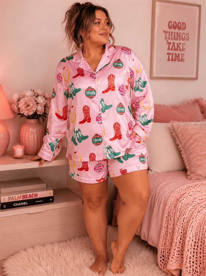 PLUS SIZE LONG SLEEVE BLOUSE & ELASTIC WAIST POCKETS MINI SHORT MULTI PRINT 2PC. SET