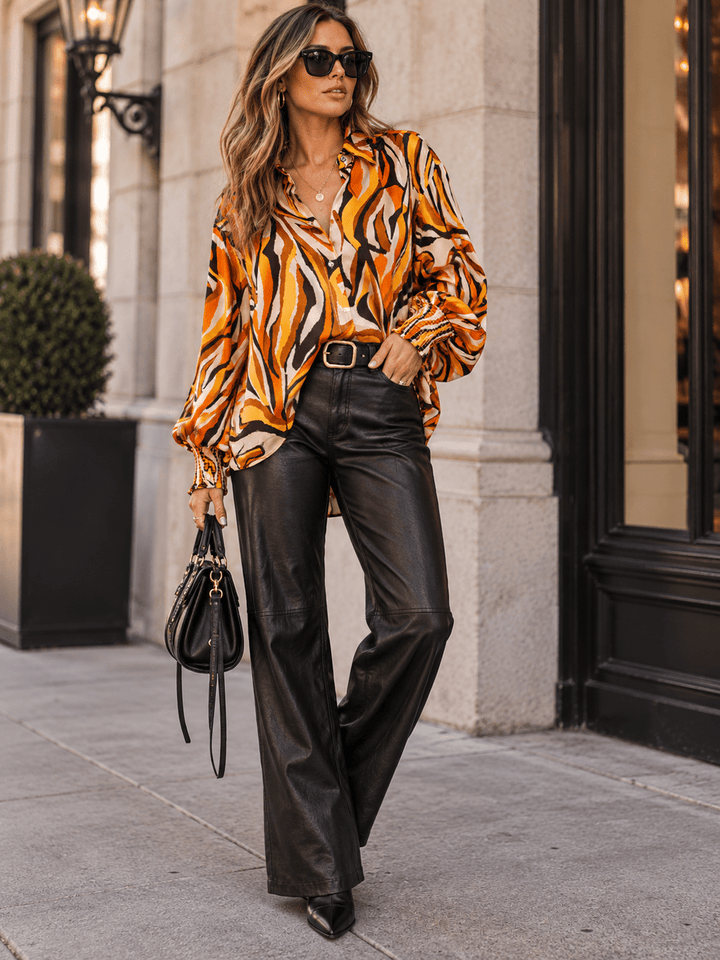 ENTRO WOMEN'S LONG SLEEVE BUTTON UP ANIMAL PRINT BLOUSE