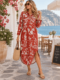 WOMEN'S LONG SLEEVE BUTTON UP FRONT POCKETS MULTI PRINT MAXI DRESS