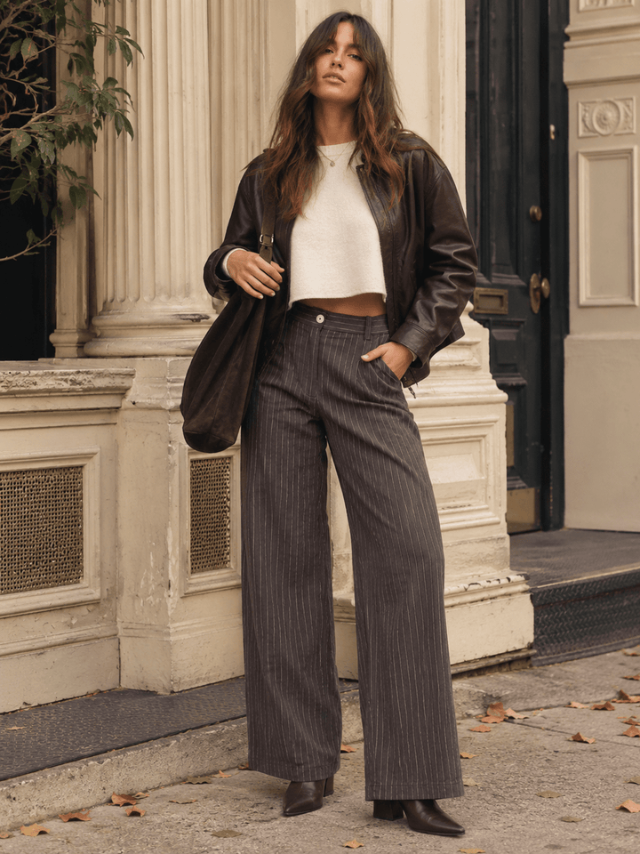 WOMEN'S BUTTON CLOSURE POCKETS STRIPES STRAIGHT LEG PANTS