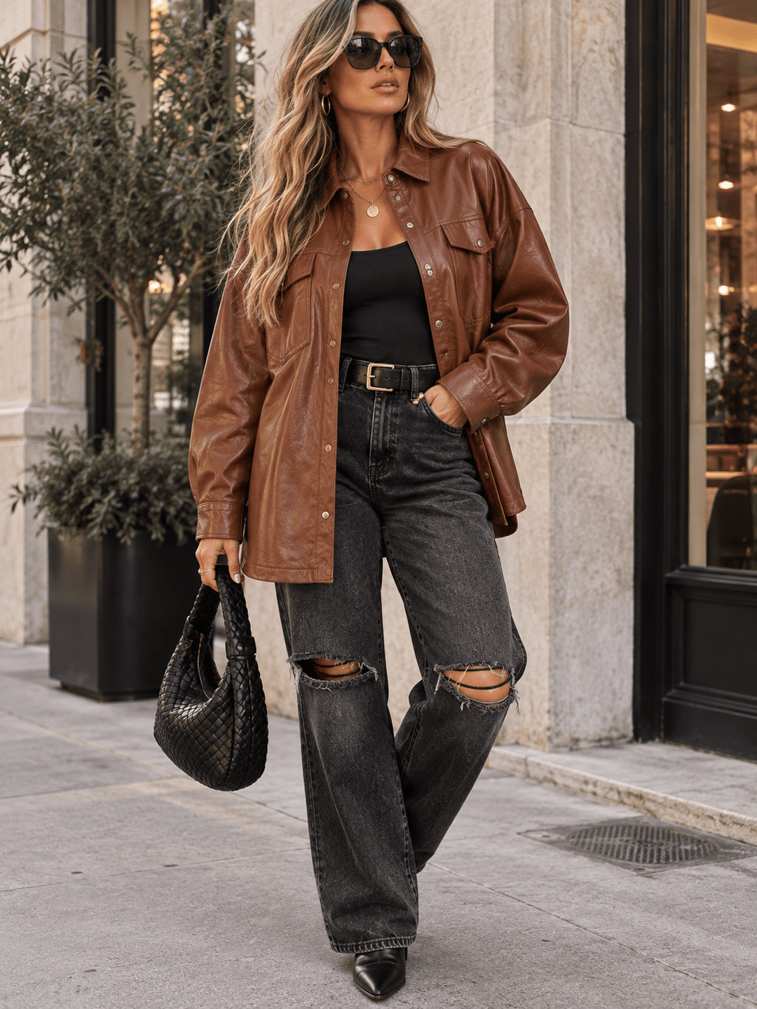 WOMEN'S LONG SLEEVE BUTTON CLOSURE FRONT POCKETS PU PLEATHER JACKET