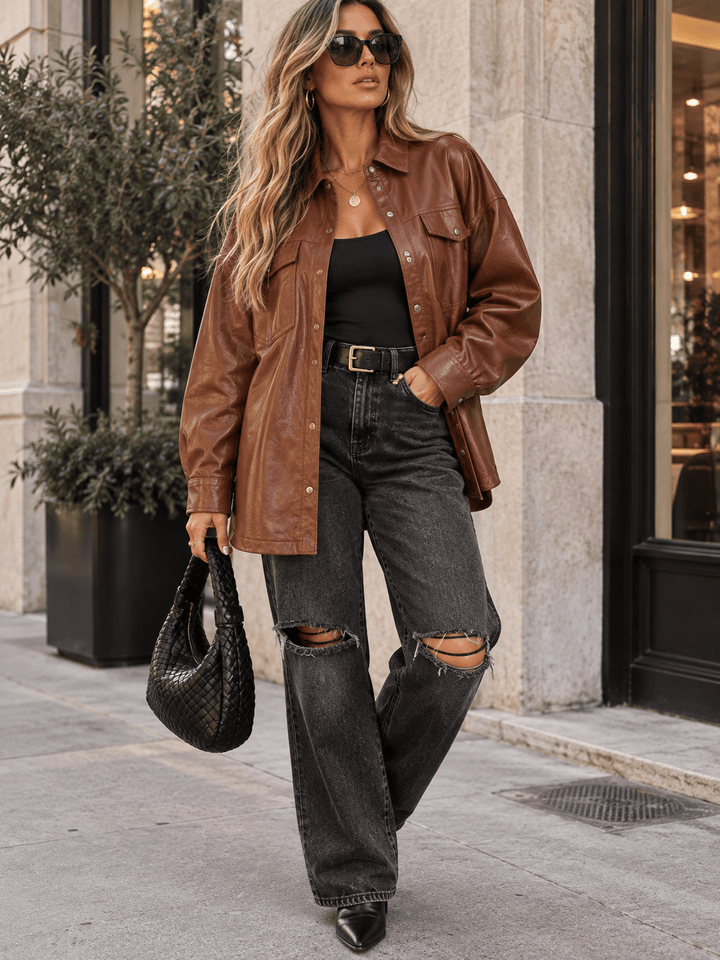 WOMEN'S LONG SLEEVE BUTTON CLOSURE FRONT POCKETS PU PLEATHER JACKET