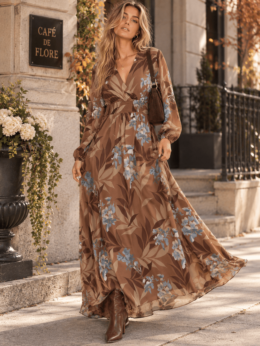 WOMEN'S LONG SLEEVE SURPLICE ELASTIC WAIST FLORAL PRINT MAXI DRESS
