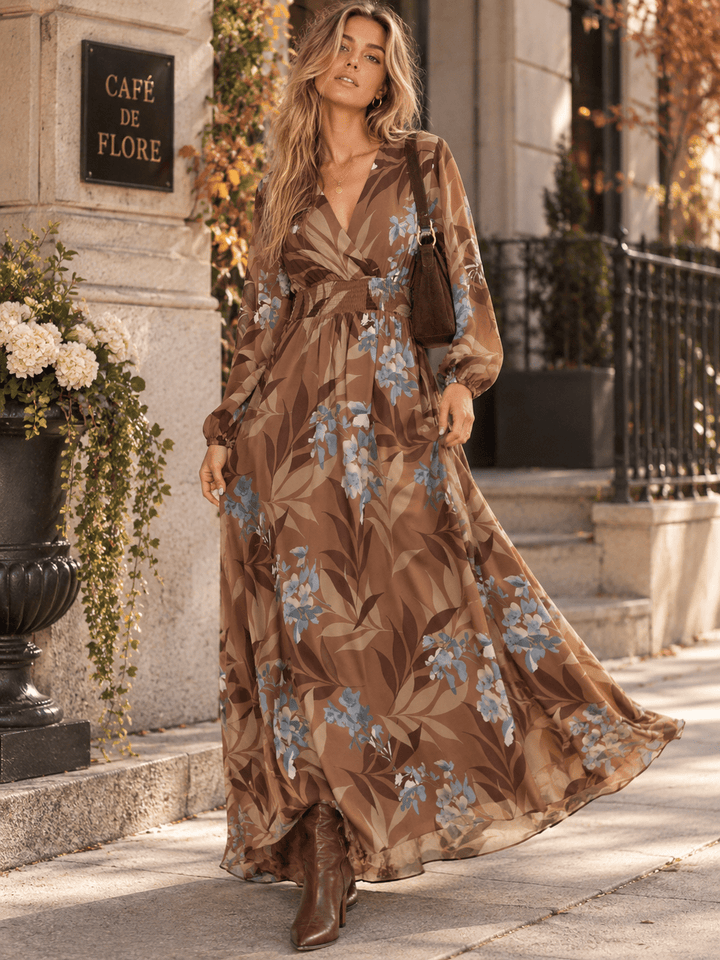 WOMEN'S LONG SLEEVE SURPLICE ELASTIC WAIST FLORAL PRINT MAXI DRESS