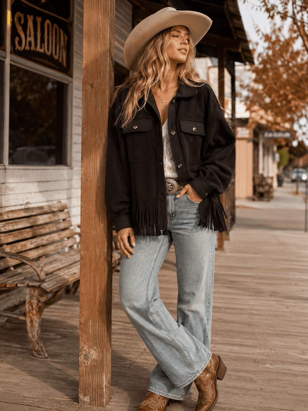 WOMEN'S LONG SLEEVE BUTTON CLOSURE FRONT POCKETS FRINGE JACKET