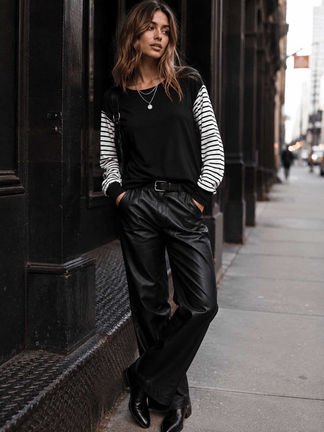 WOMEN'S LONG STRIPES SLEEVE COLORBLOCK LOOSE FIT TOP