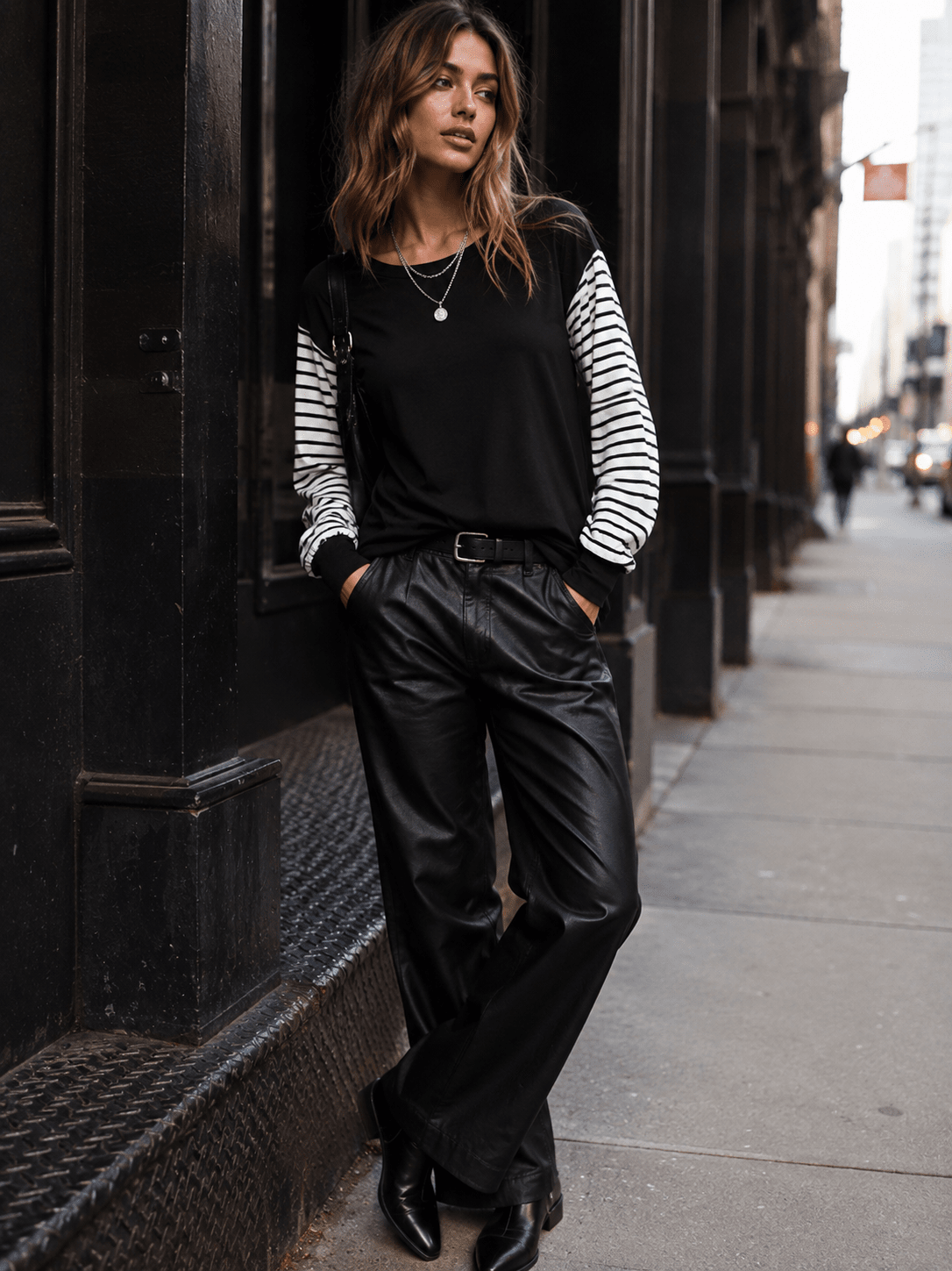WOMEN'S LONG STRIPES SLEEVE COLORBLOCK LOOSE FIT TOP