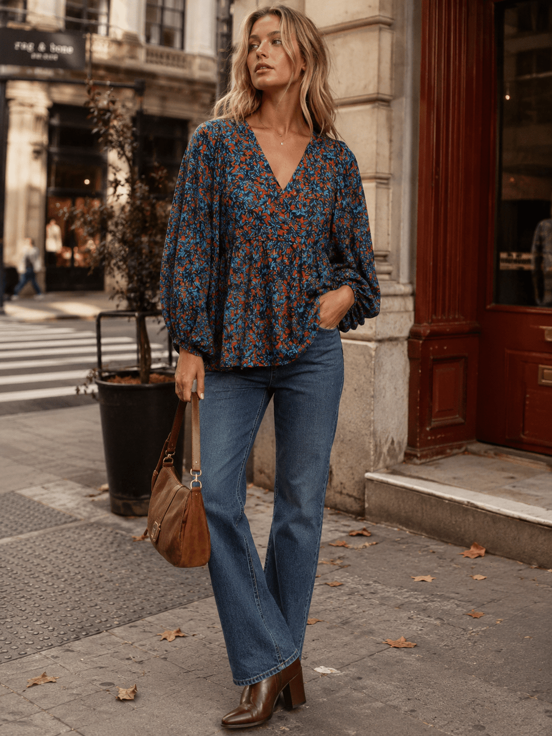 WOMEN'S LONG SLEEVE SURPLICE FLORAL PEPLUM BLOUSE
