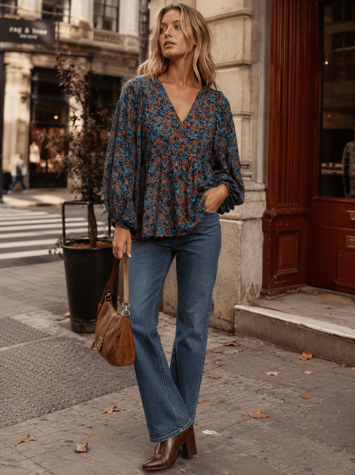 WOMEN'S LONG SLEEVE SURPLICE FLORAL PEPLUM BLOUSE