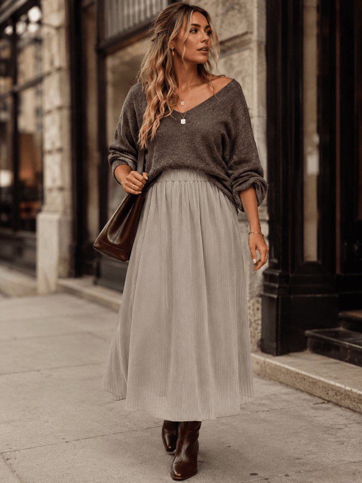 WOMEN'S ELASTIC WAIST POCKETS PLEATED MIDI SKIRT