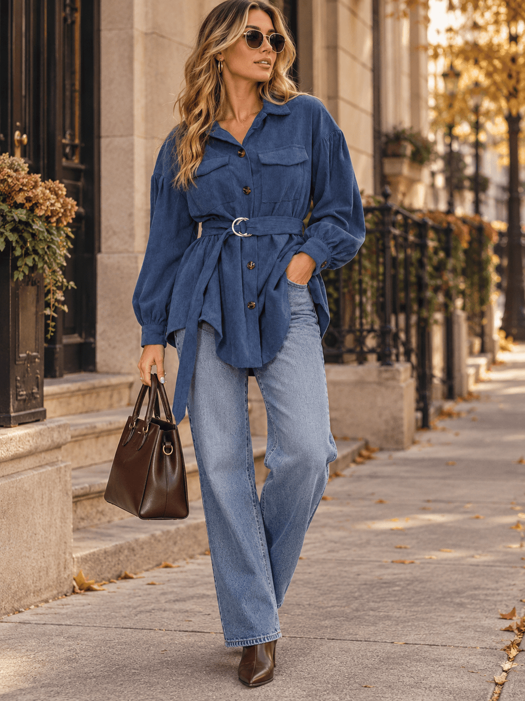 WOMEN'S LONG SLEEVE BUTTON UP SELF TIE POCKETS SHACKET