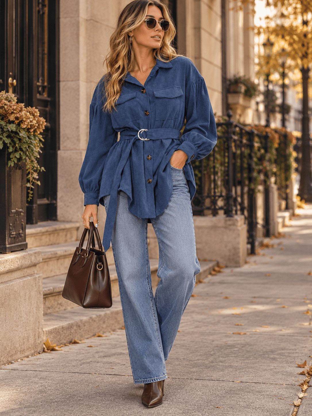 WOMEN'S LONG SLEEVE BUTTON UP SELF TIE POCKETS SHACKET