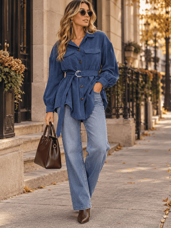 WOMEN'S LONG SLEEVE BUTTON UP SELF TIE POCKETS SHACKET