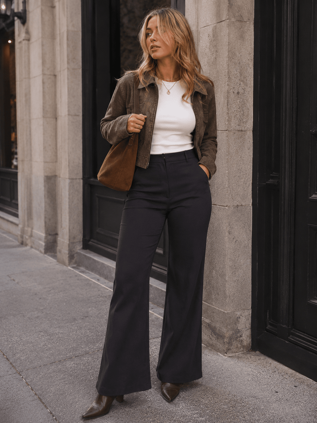WOMEN'S BUTTON CLOSURE BELL LEG SOLID PANTS