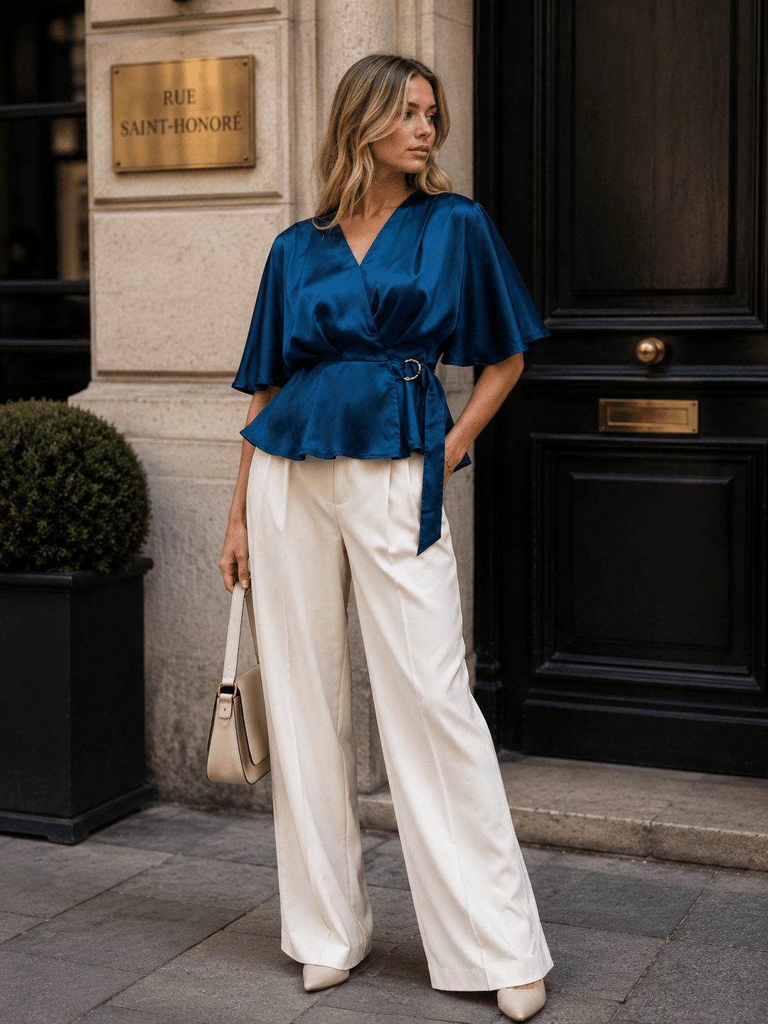 WOMEN'S SHORT SLEEVE SELF TIE WRAP BLOUSE