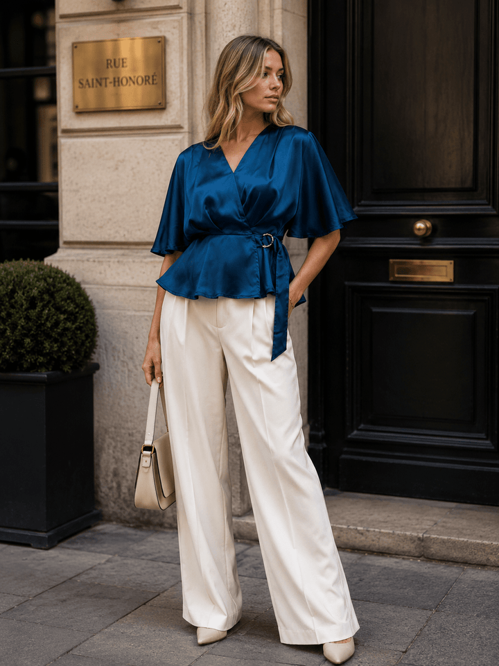 WOMEN'S SHORT SLEEVE SELF TIE WRAP BLOUSE
