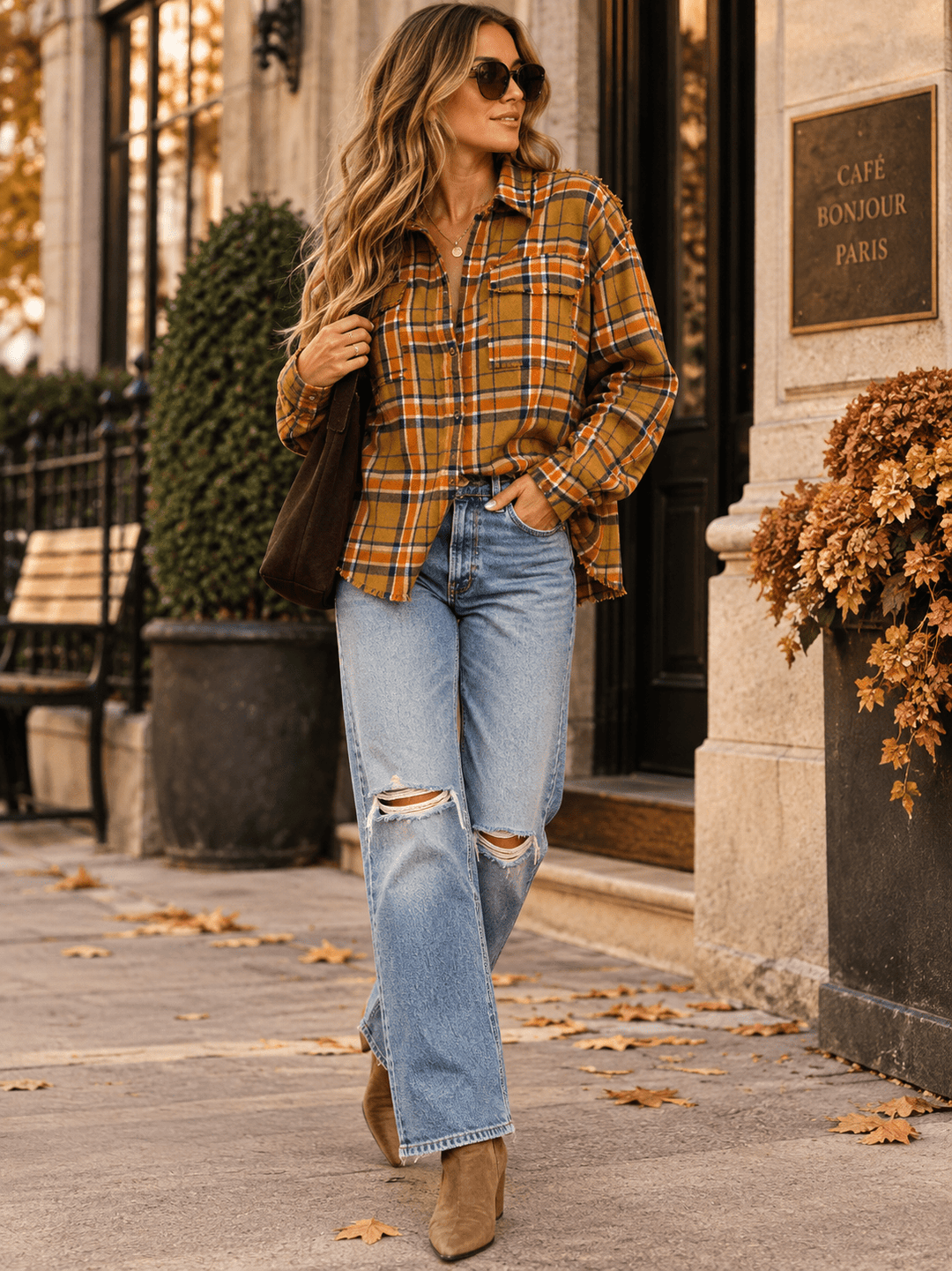 ENTRO WOMEN'S LONG SLEEVE BUTTON UP FRONT POCKETS PLAID SHIRT