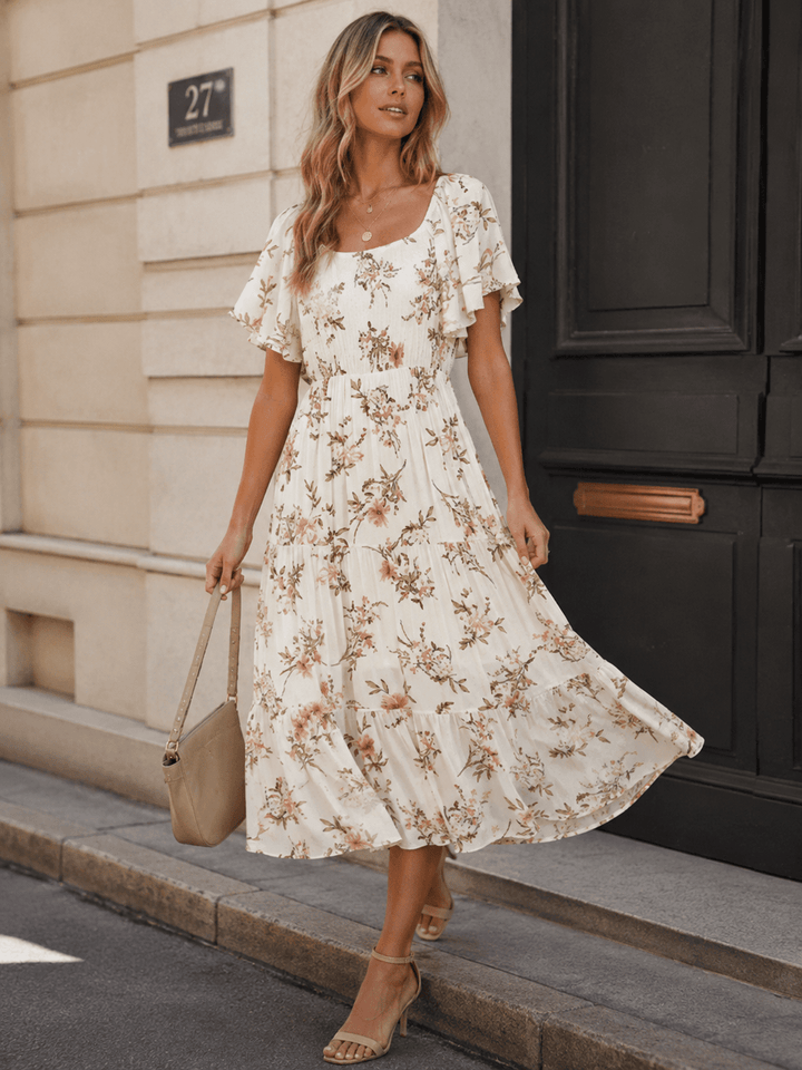 WOMEN'S SHORT SLEEVE SQUARE NECK SMOCK FLORAL PRINT MAXI DRESS
