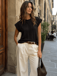 WOMEN'S SHORT SLEEVE RIBBED DETAILED BLOUSE