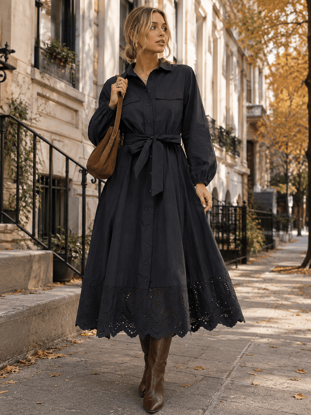 WOMEN'S LONG SLEEVE BUTTON UP FRONT POCKETS SELF TIE CROCHET BOTTOM HEM MAXI DRESS