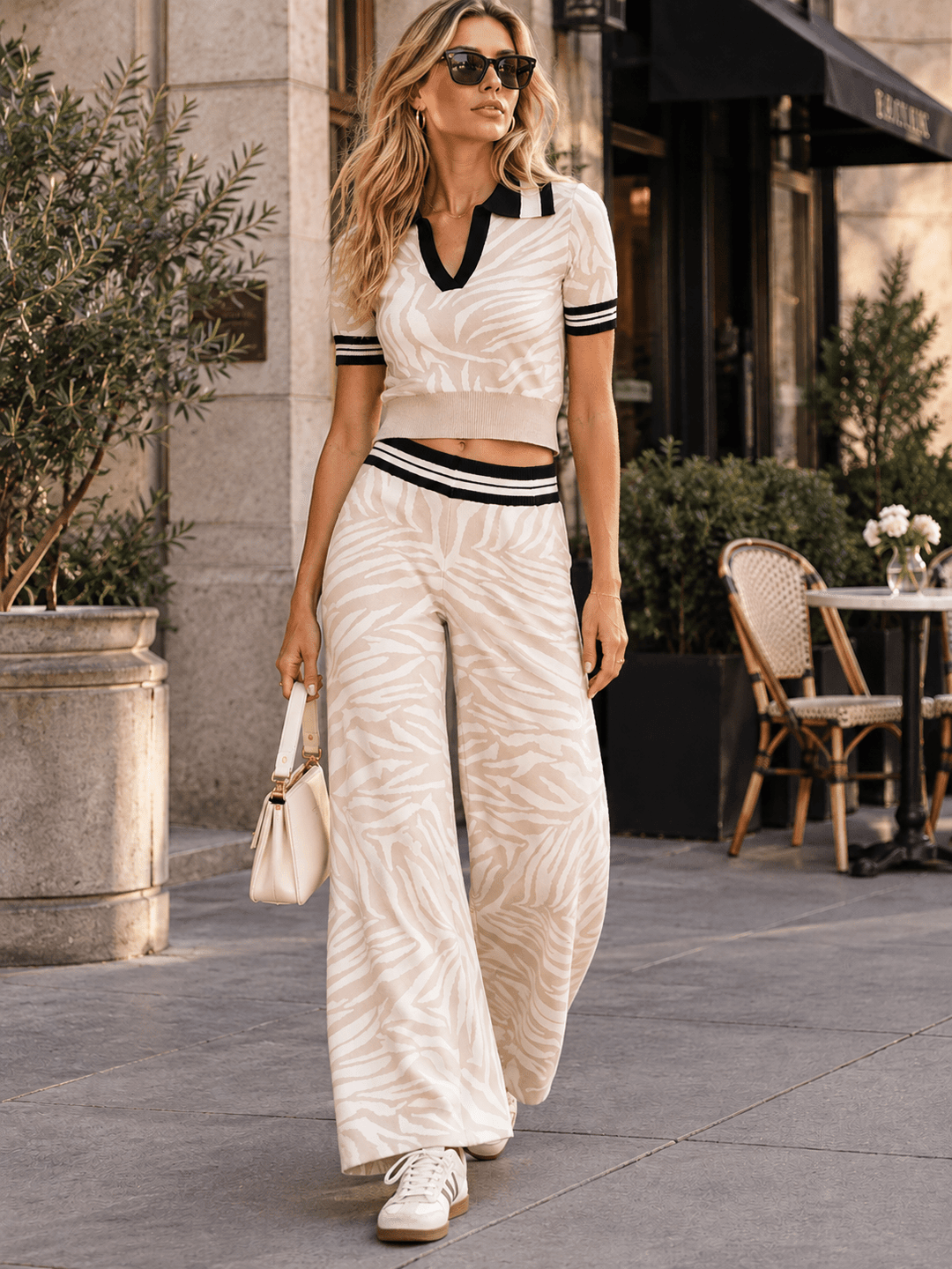 WOMEN'S SHORT SLEEVE BLOUSE & ELASTIC WAIST WIDE LEG PANTS PRINT 2PC. SET