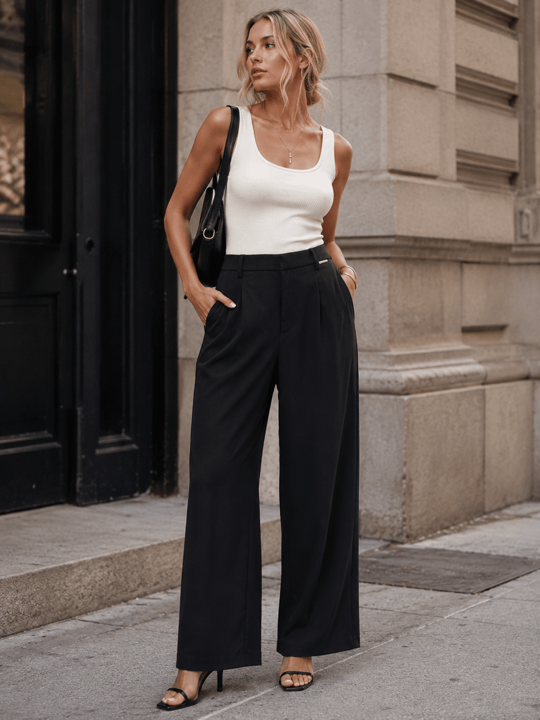 WOMEN'S BUTTON CLOSURE WIDE LEG SOLID PANTS