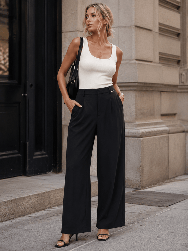 WOMEN'S BUTTON CLOSURE WIDE LEG SOLID PANTS