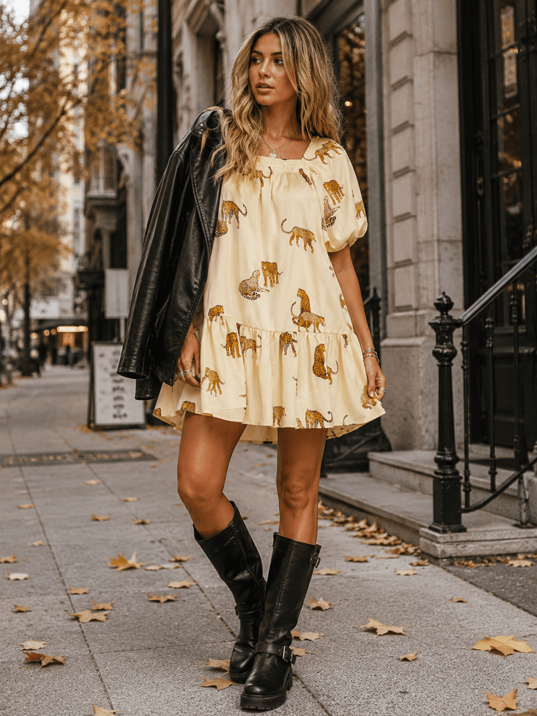 ENTRO WOMEN'S SHORT PUFF SLEEVE FRONT POCKETS ANIMAL PRINT MINI DRESS