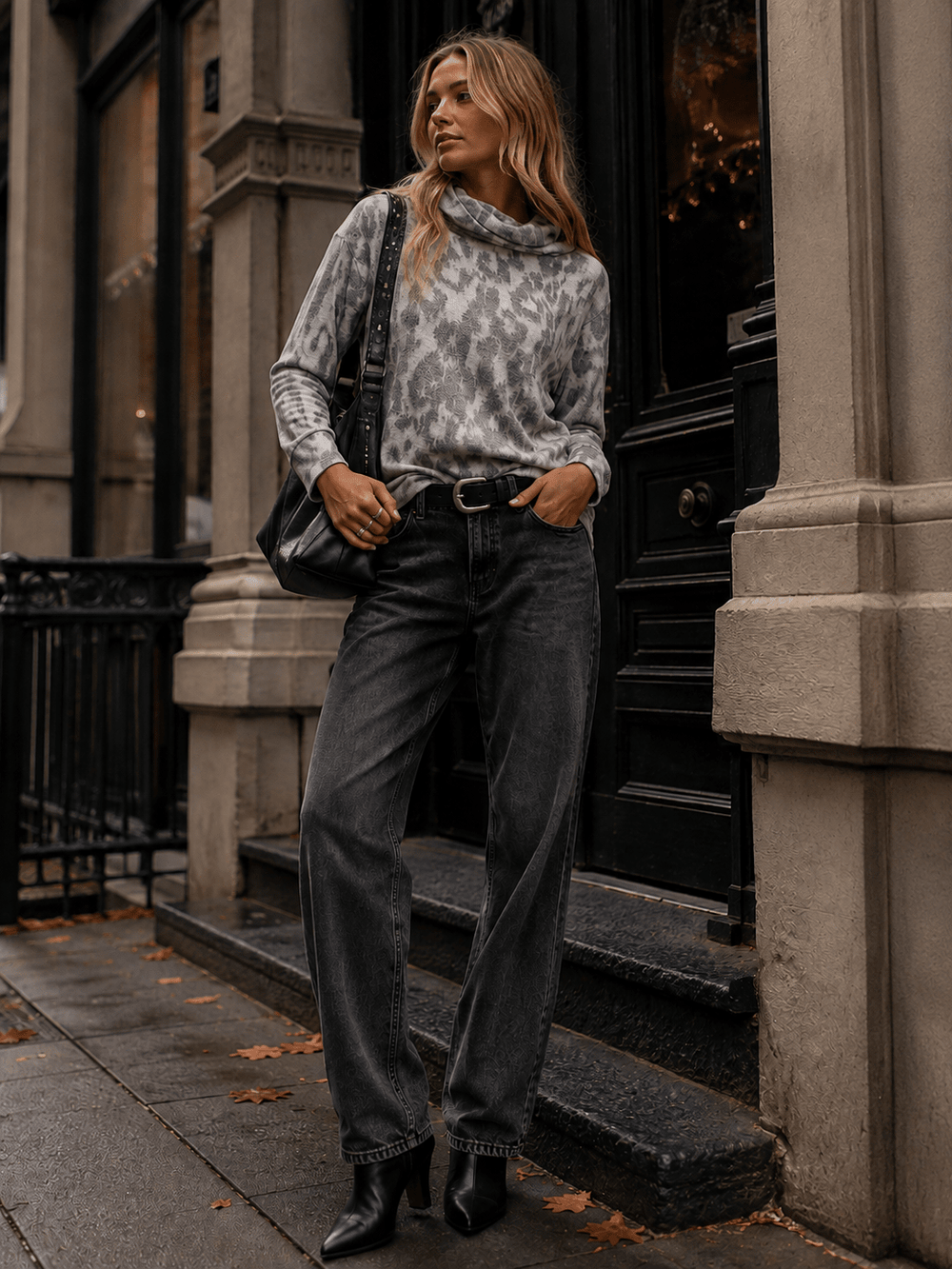 WOMEN'S LONG SLEEVE MOCK NECK ANIMAL PRINT TOP