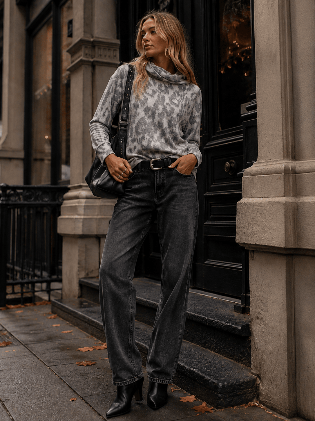 WOMEN'S LONG SLEEVE MOCK NECK ANIMAL PRINT TOP