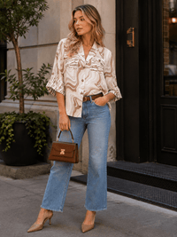 WOMEN'S 3/4 SLEEVE BUTTON UP FRONT POCKETS MULTI PRINT BLOUSE