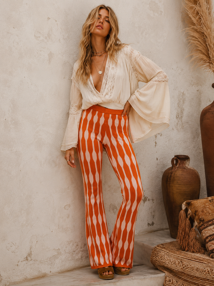 WOMEN'S ELASTIC WAIST MULTI PRINT BELL LEG PANTS