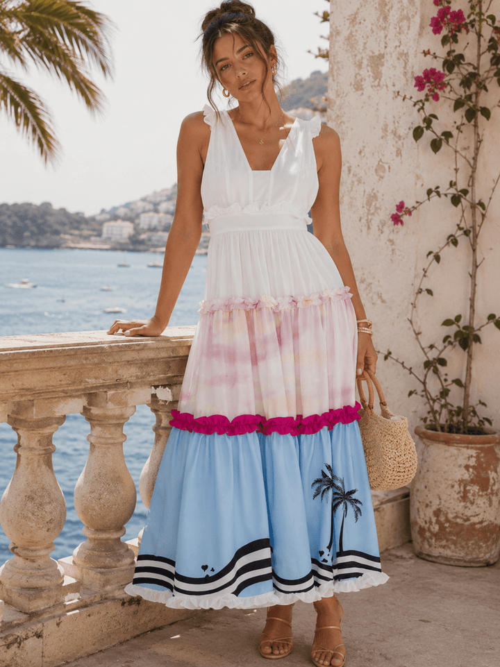 BEULAH WOMEN'S SLEEVELESS V-NECK MULTI PRINT TIERED MAXI DRESS