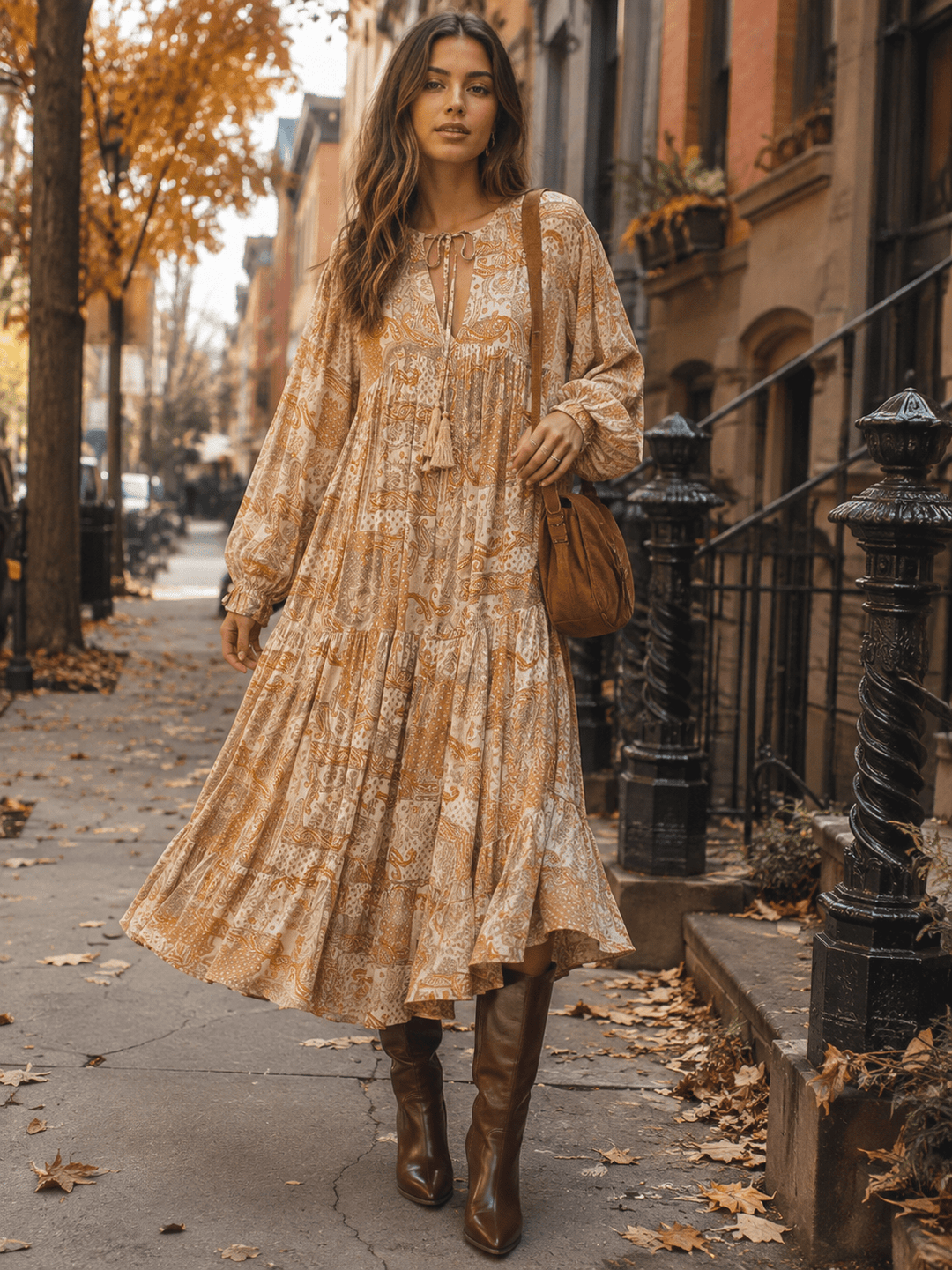 WOMEN'S LONG SLEEVE V-NECK LOOSE FIT FLORAL PRINT MAXI DRESS