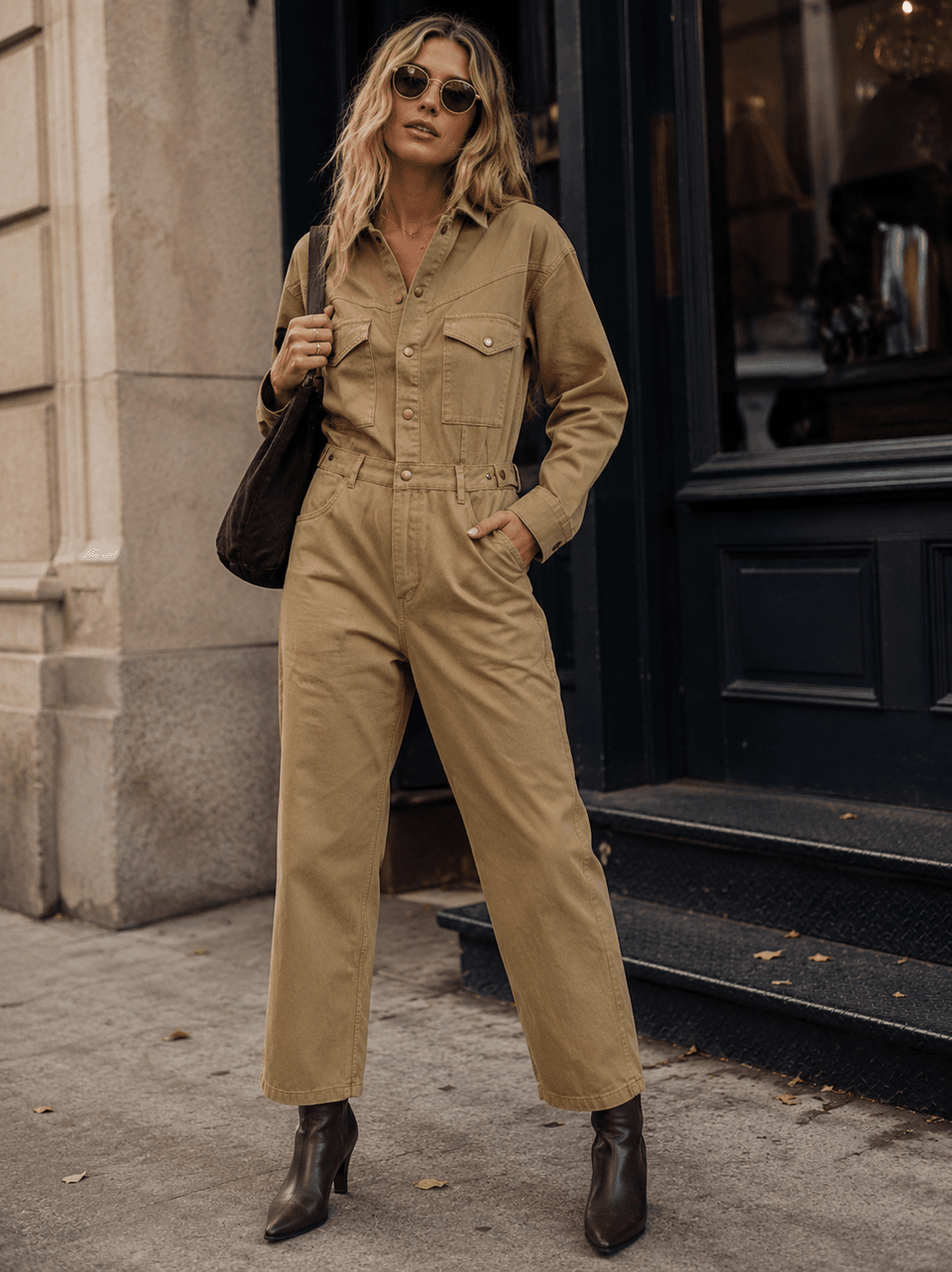 WOMEN'S LONG SLEEVE BUTTON UP POCKETS STRAIGHT LEG DENIM JUMPSUIT