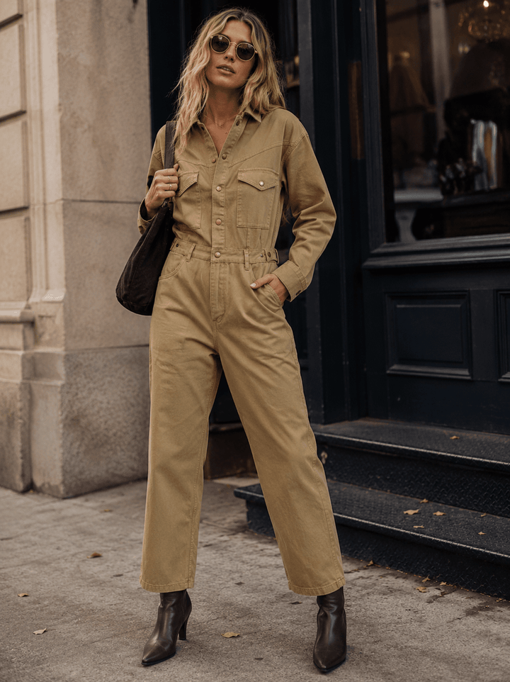WOMEN'S LONG SLEEVE BUTTON UP POCKETS STRAIGHT LEG DENIM JUMPSUIT